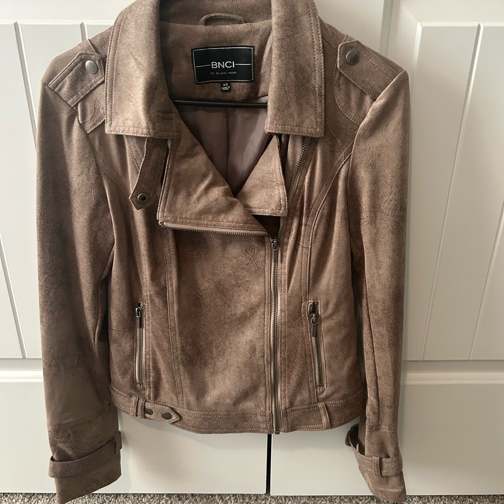 Blanc Noir Women's Camel Brown Synthetic Suede Moto Jacket
